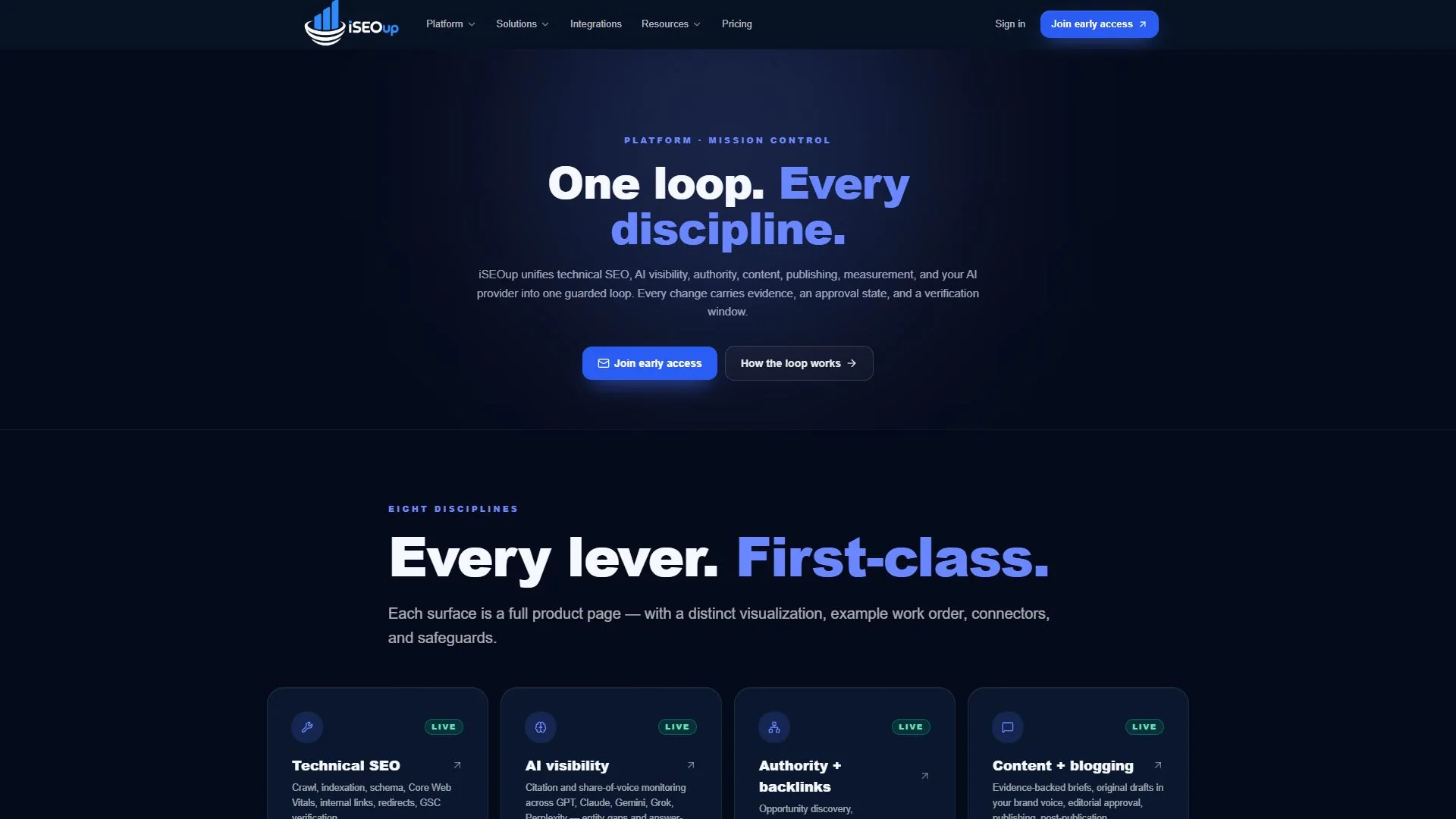 iSEOup.com — live Platform page, one loop across every discipline