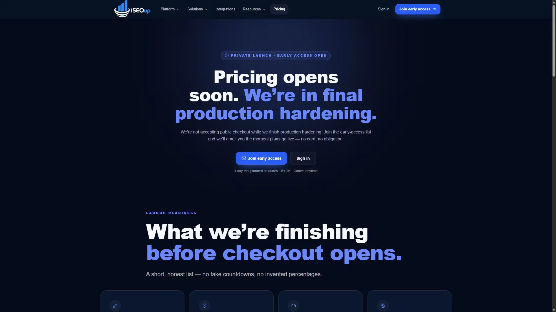iSEOup.com — live Pricing page, early-access launch state